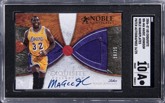 2006/07 UD "Exquisite Collection" Noble Nameplates #NN-MA Magic Johnson Signed Game Used Jersey Card (#16/25) – SGC Authentic/SGC 10